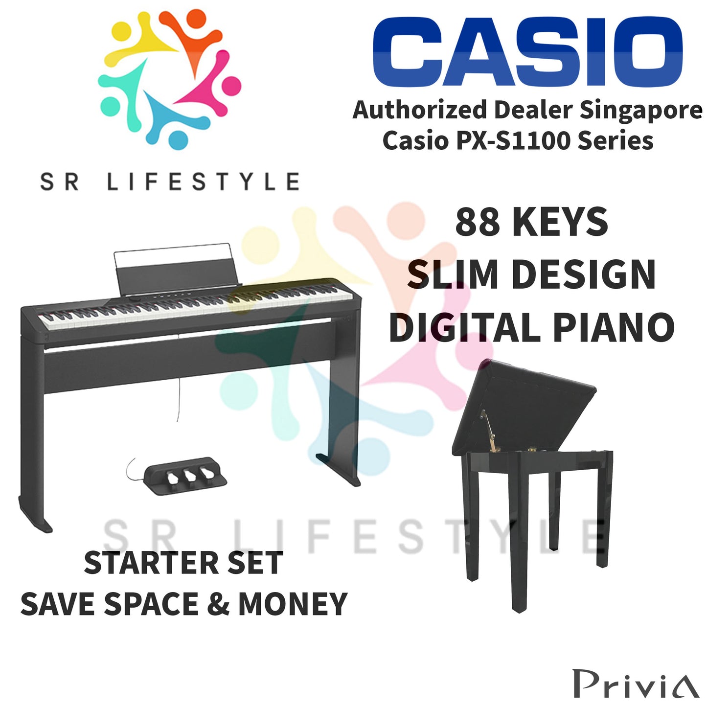 Casio PX-S1100BK 88-Keys Privia Portable Digital Piano, Black