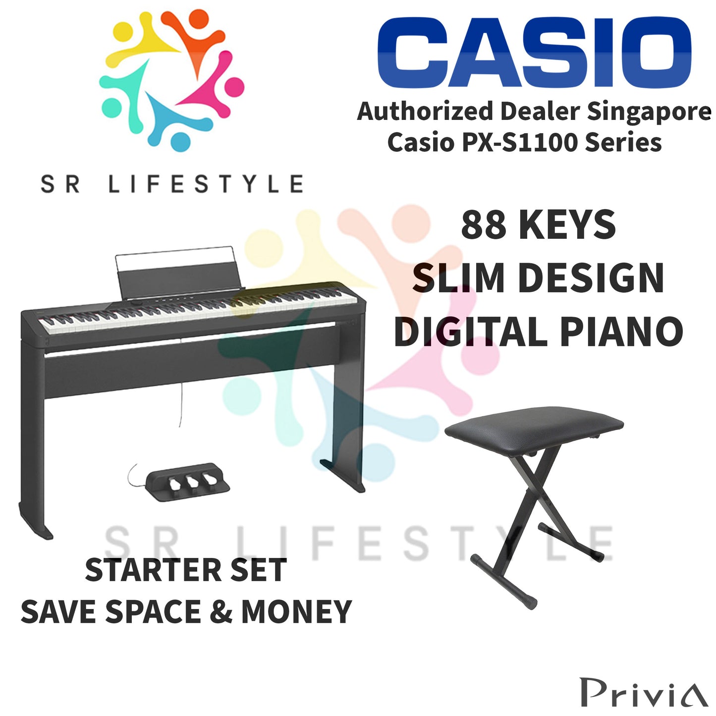 Casio PX-S1100BK 88-Keys Privia Portable Digital Piano, Black