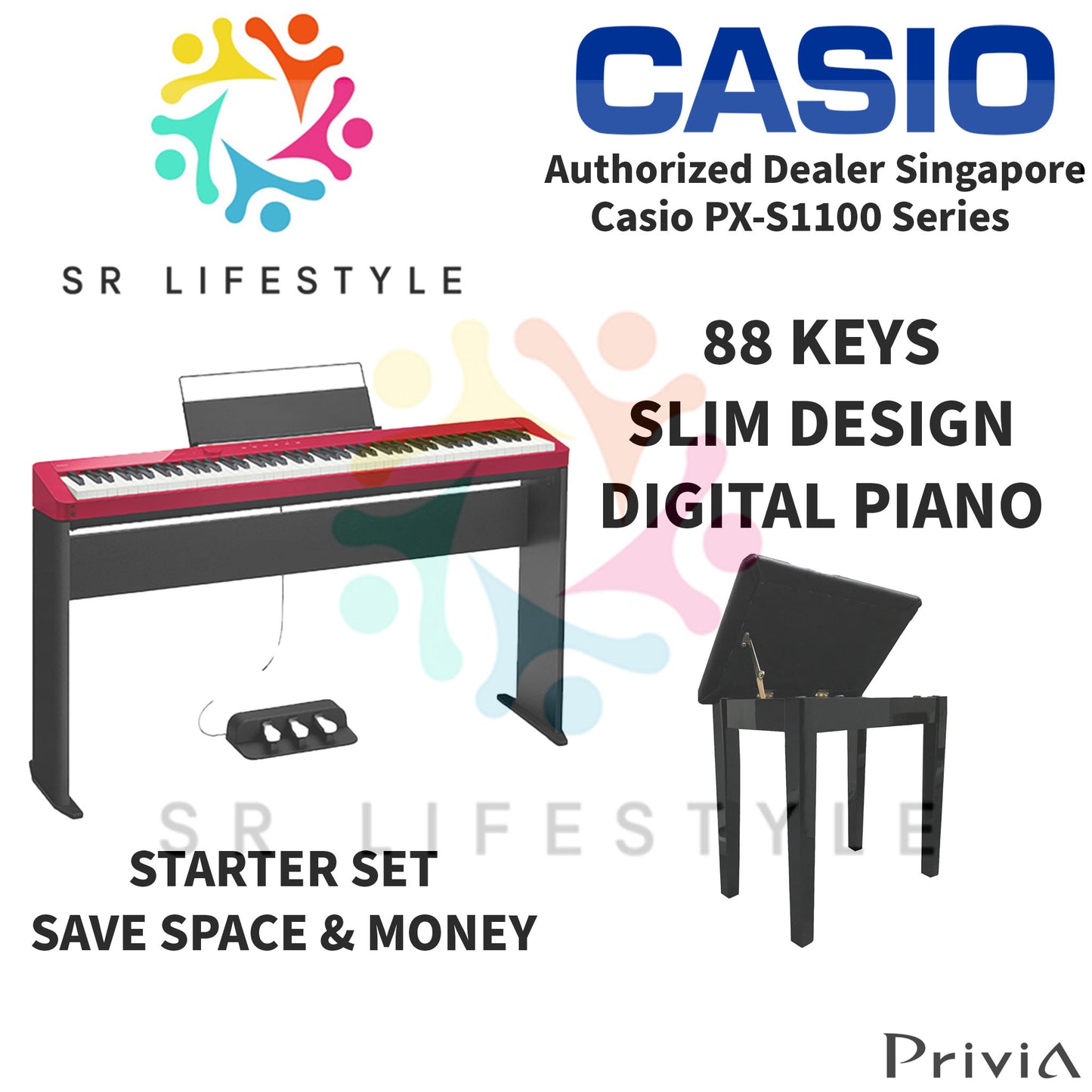 Casio PX-S1100 88-Keys Privia Portable Digital Piano, Red