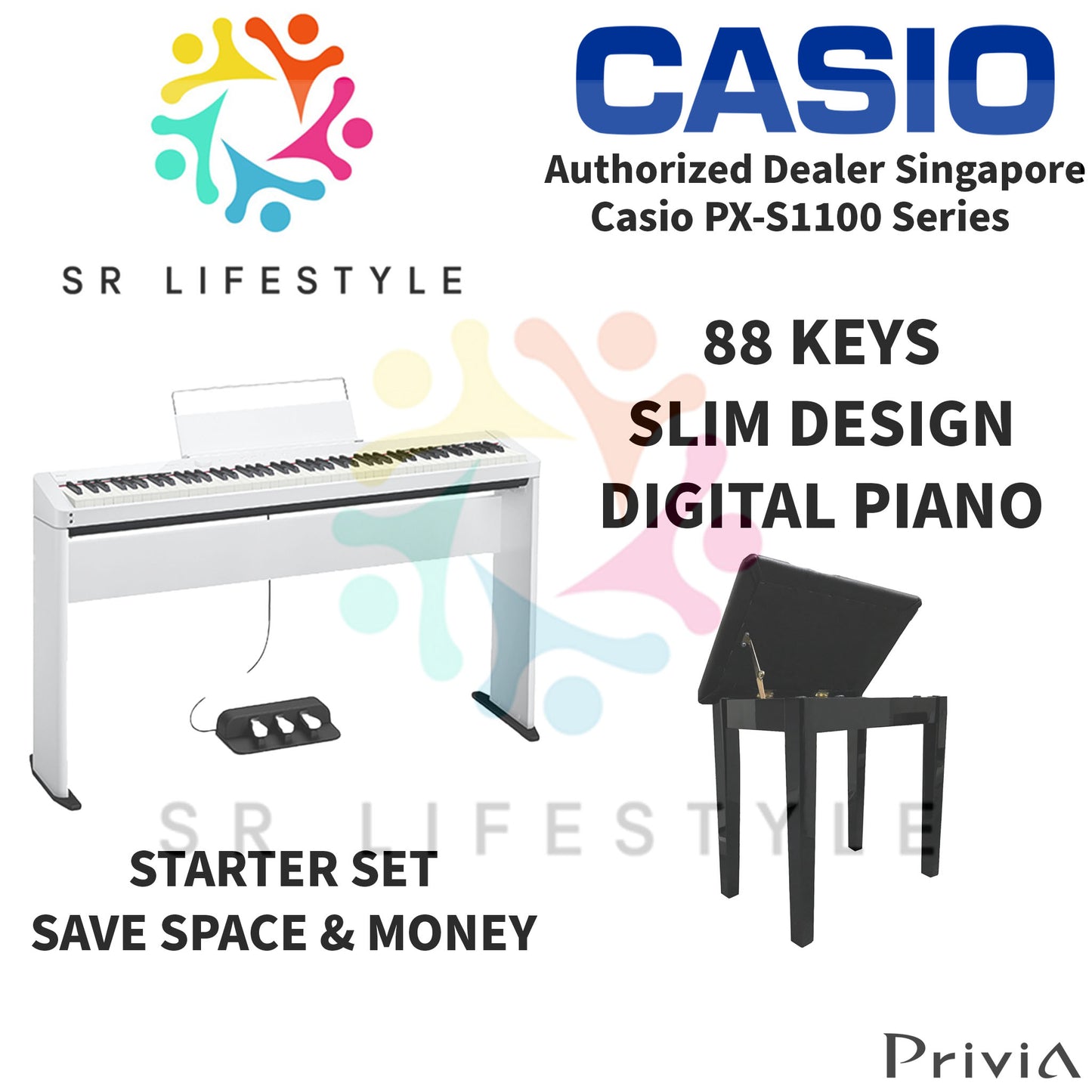 Casio PX-S1100 88-Keys Privia Portable Digital Piano, White