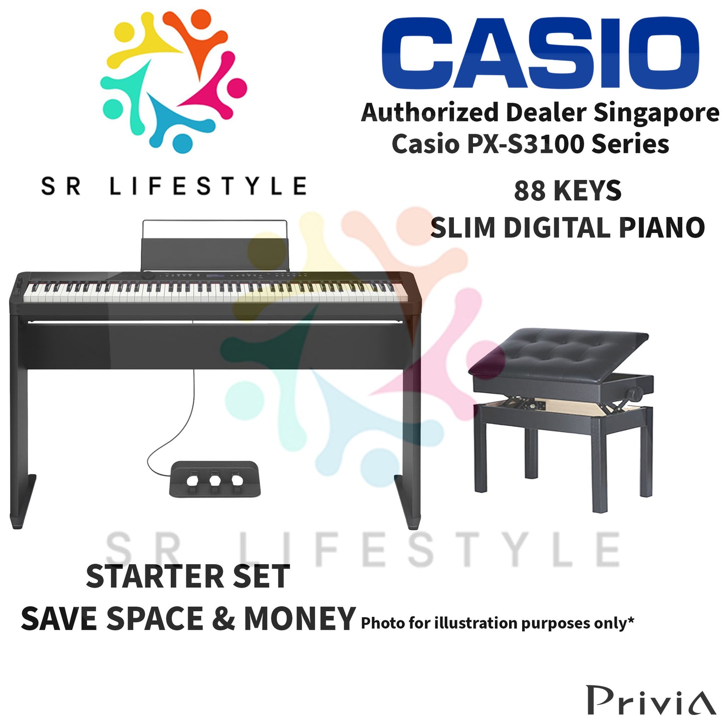 Casio PX-S3100 88-Keys Privia Portable Digital Piano, Black