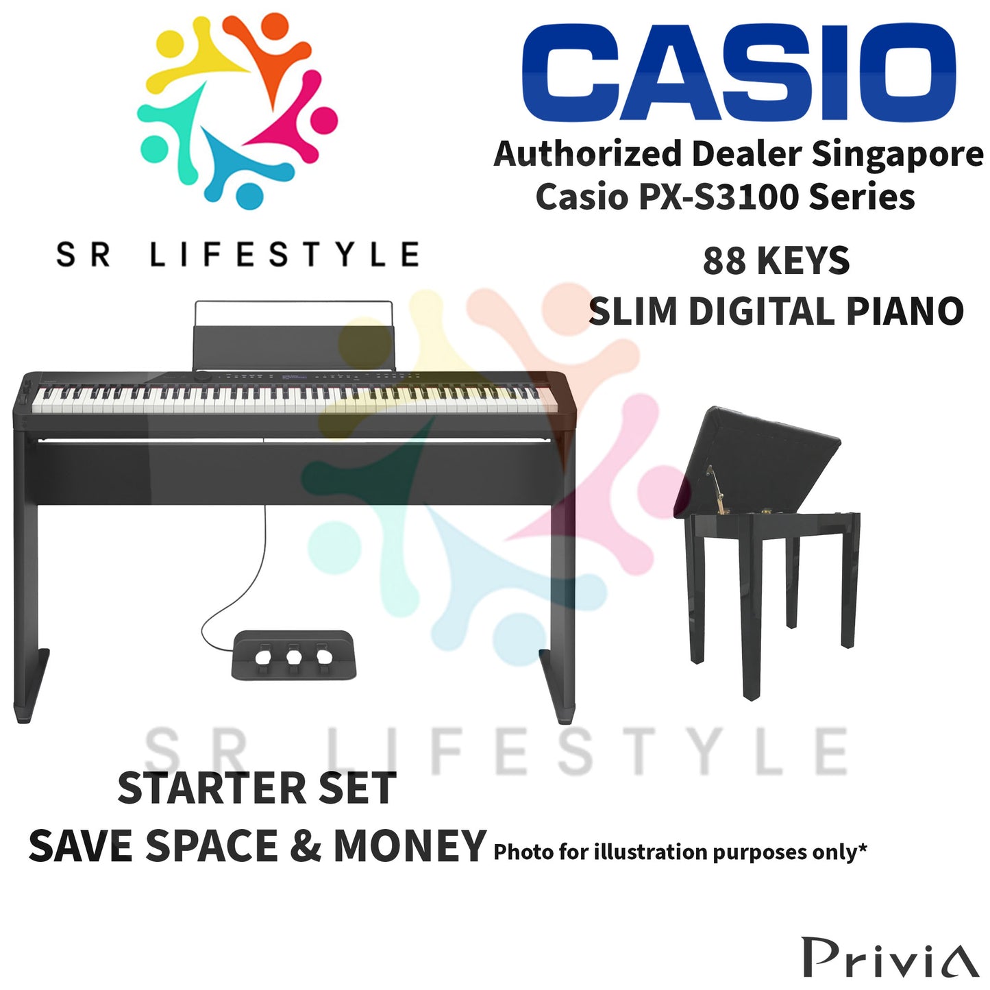 Casio PX-S3100 88-Keys Privia Portable Digital Piano, Black